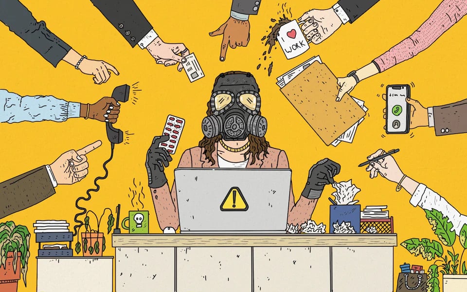 A cartoon shoing a person in gas mask having all kinds of communication devices thrust at them in a stressful way