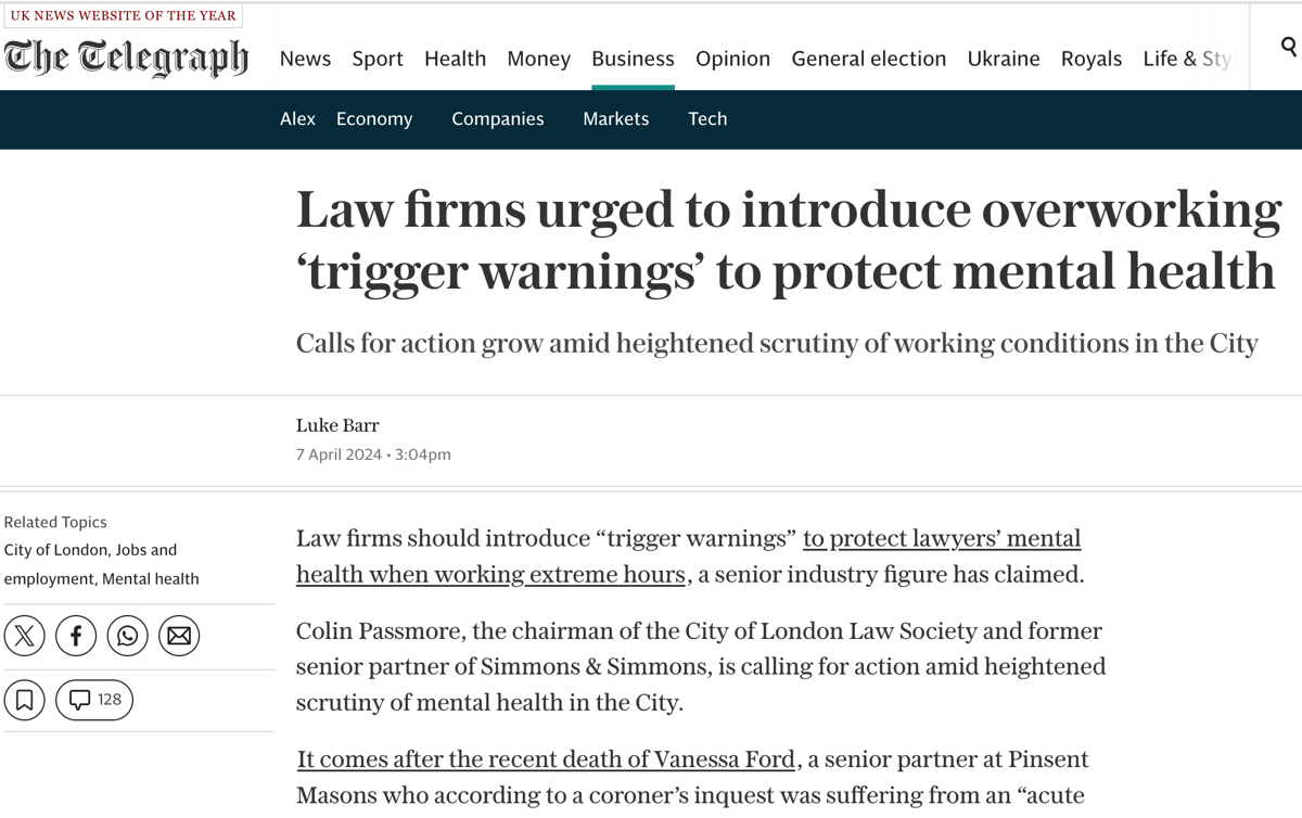 Law firms urged to introduce overworking ‘trigger warnings’ to protect mental health