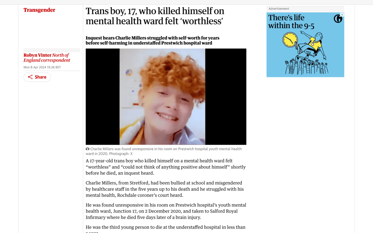 Trans boy, 17, who killed himself on mental health ward felt ‘worthless’