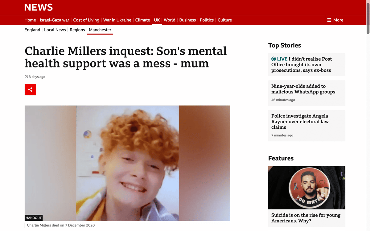 Charlie Millers inquest: Son's mental health support was a mess - mum