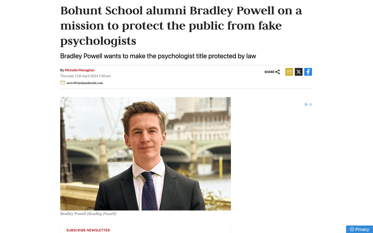 Bohunt School alumni Bradley Powell on a mission to protect the public from fake psychologists